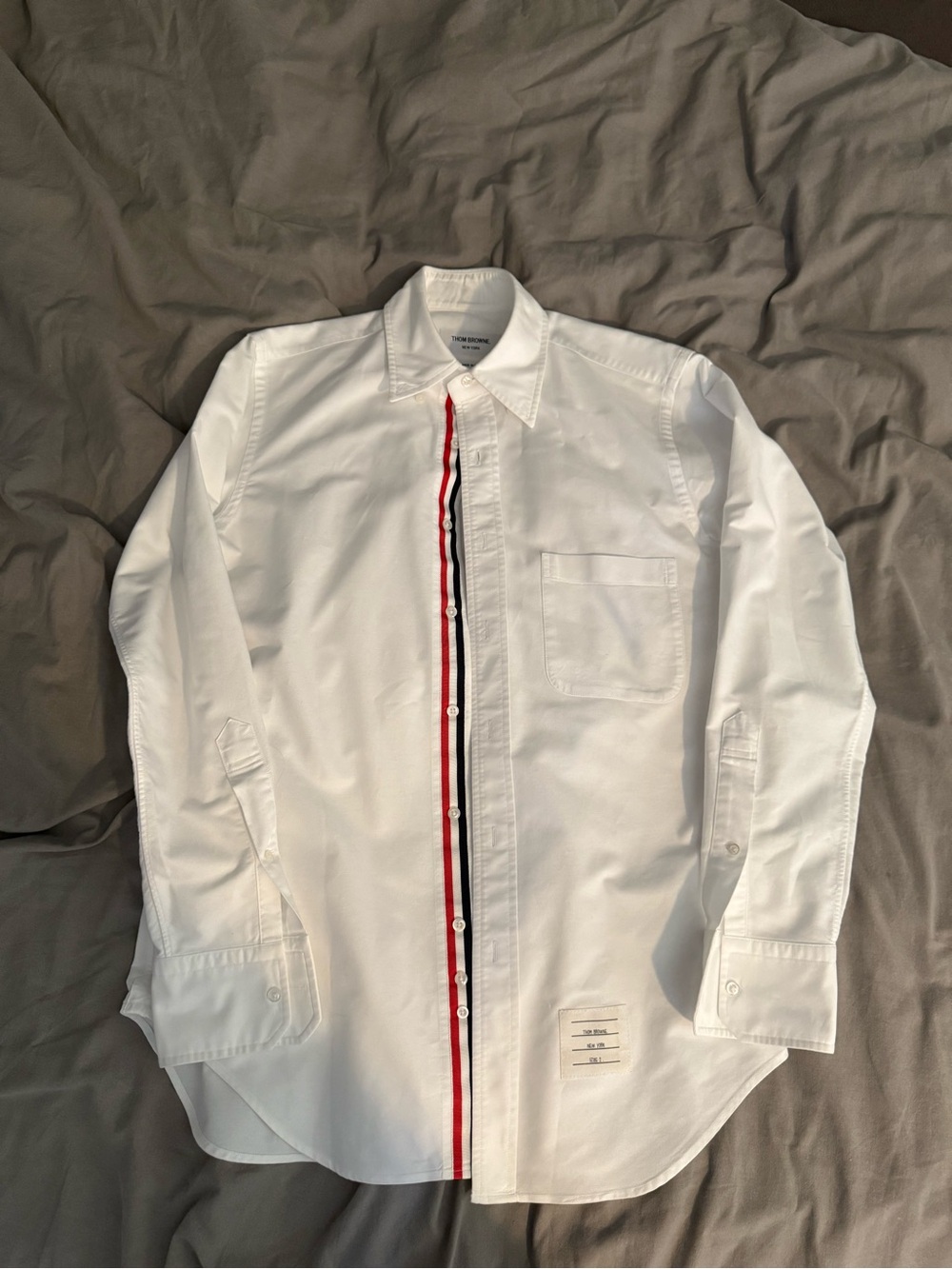 Thom Browne White Dress Shirt with Red and Black Center Stripe